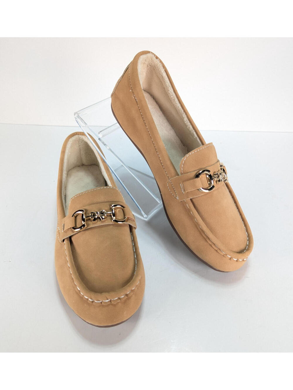 Tan Suede Moccasin Slippers Slip On Shoes Womens 8.5 Flower Buckle Accent Casual